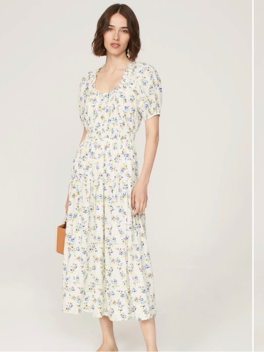 THE GREAT. Cream Maxi Dress with Blue Floral Motif